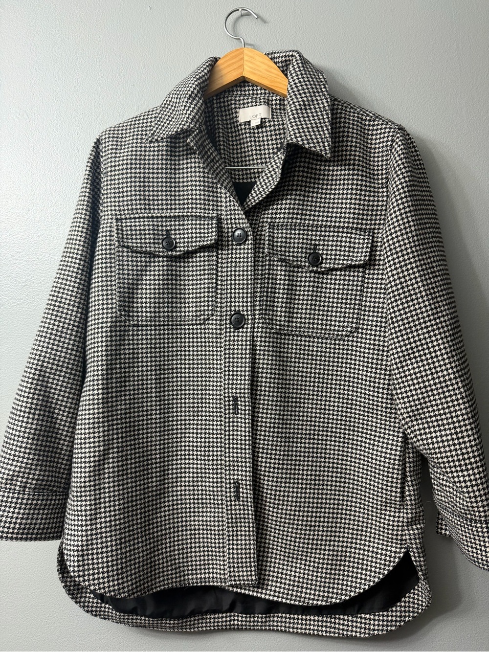 Loft Houndstooth wool blend Button-Front Coat in Black & White shirt jacket s